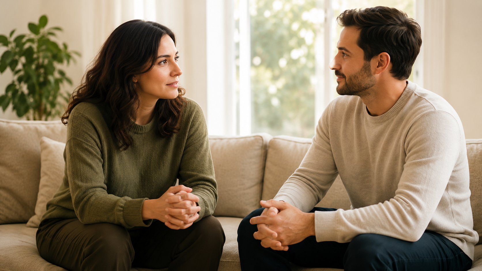 A woman and a man sit on a beige couch facing each other indoors, engaging in a serious conversation. The woman has wavy brown hair and wears a green sweater; the man has dark hair and a beard, wearing a light-colored sweater. They are clasping their hands and looking at each other.