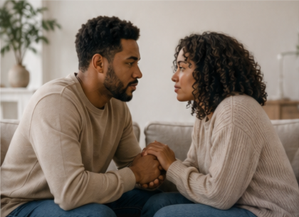 A man and woman sitting closely on a couch, holding hands and looking into each other's eyes in a cozy living room.