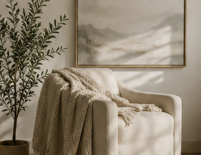 A beige armchair with a cozy blanket draped over it, next to a tall potted plant, in a room with a landscape painting on the wall.