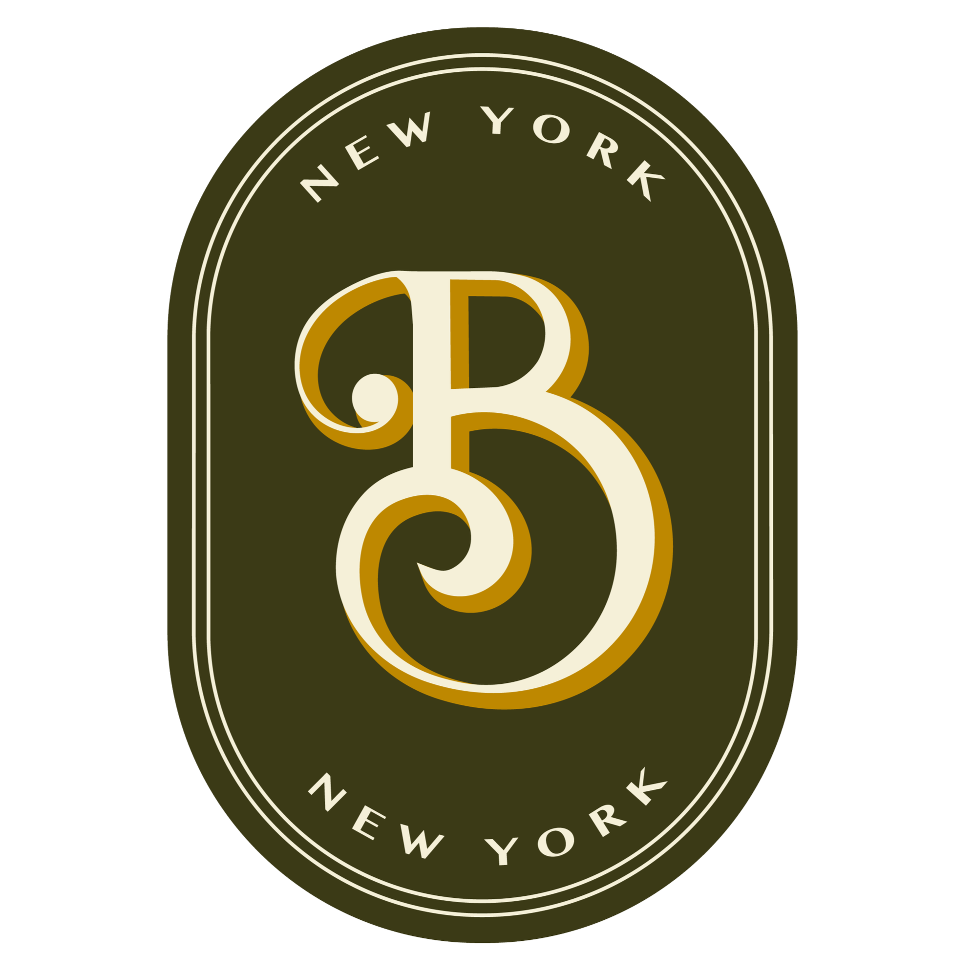 Close-up of a circular logo with the text 'New York' at the top and 'Brooklyn' at the bottom, featuring a large stylized letter 'B' in the center and a dark green background.