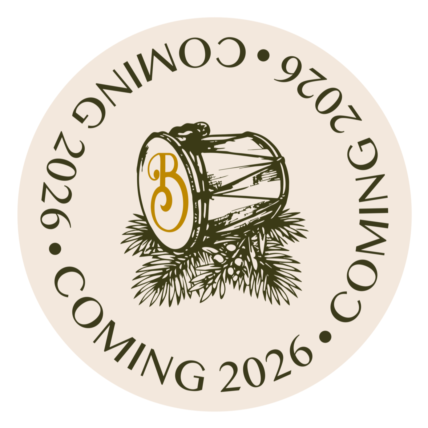 Round logo with a vintage drum illustration, a monogram of the letter B in gold, and the text '2021-2026 CREATIVE COMMUNITY CONNING 2026' surrounding the drum, with pine branches underneath.