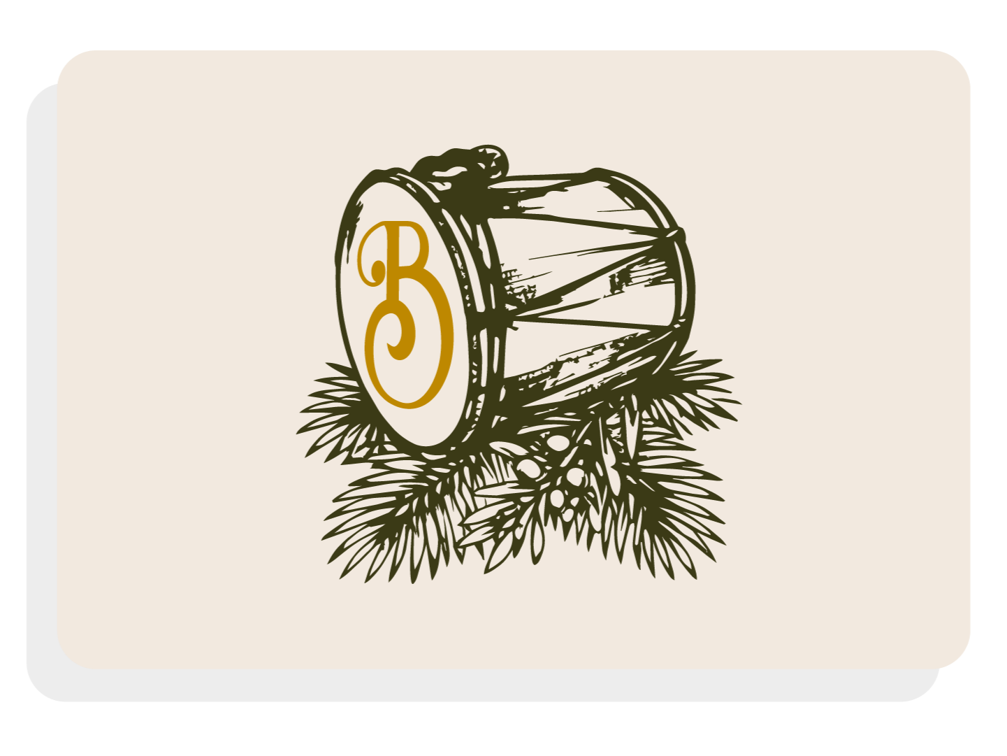 A vintage-style illustration of a drum with a stylized monogram on its side, resting on pine branches, on a beige background.