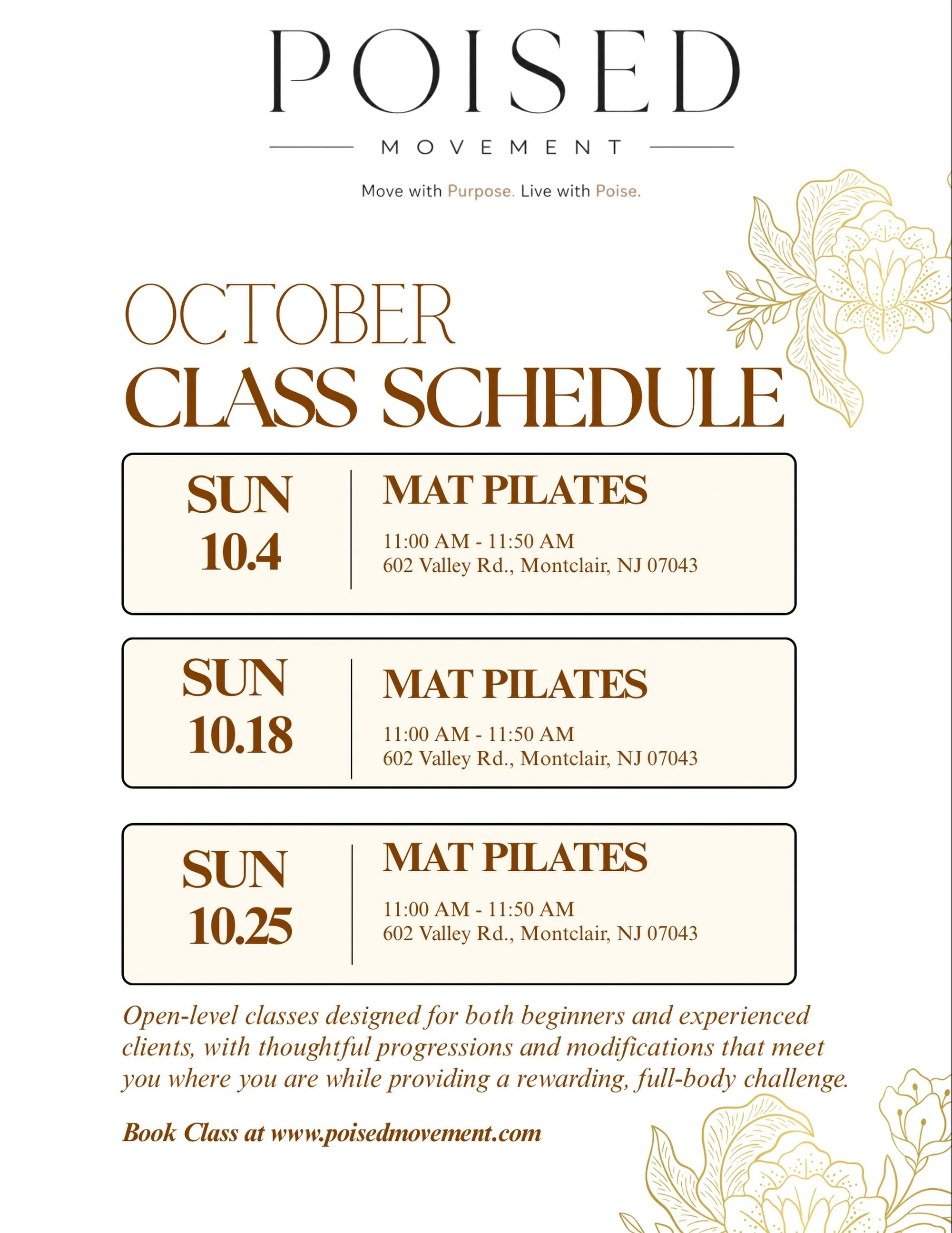 October at Poised 🤎

Three Sundays. Three chances to move with purpose, reset, and pour back into yourself.

Join us in Montclair for 50 minutes of open-level Mat Pilates designed to meet you where you are, whether you&rsquo;re brand new to Pilates 