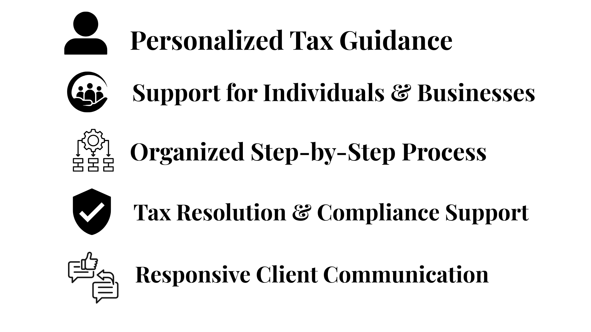 Icons and text describing personalized tax guidance, support for individuals and businesses, an organized step-by-step process, tax resolution and compliance support, and responsive client communication.