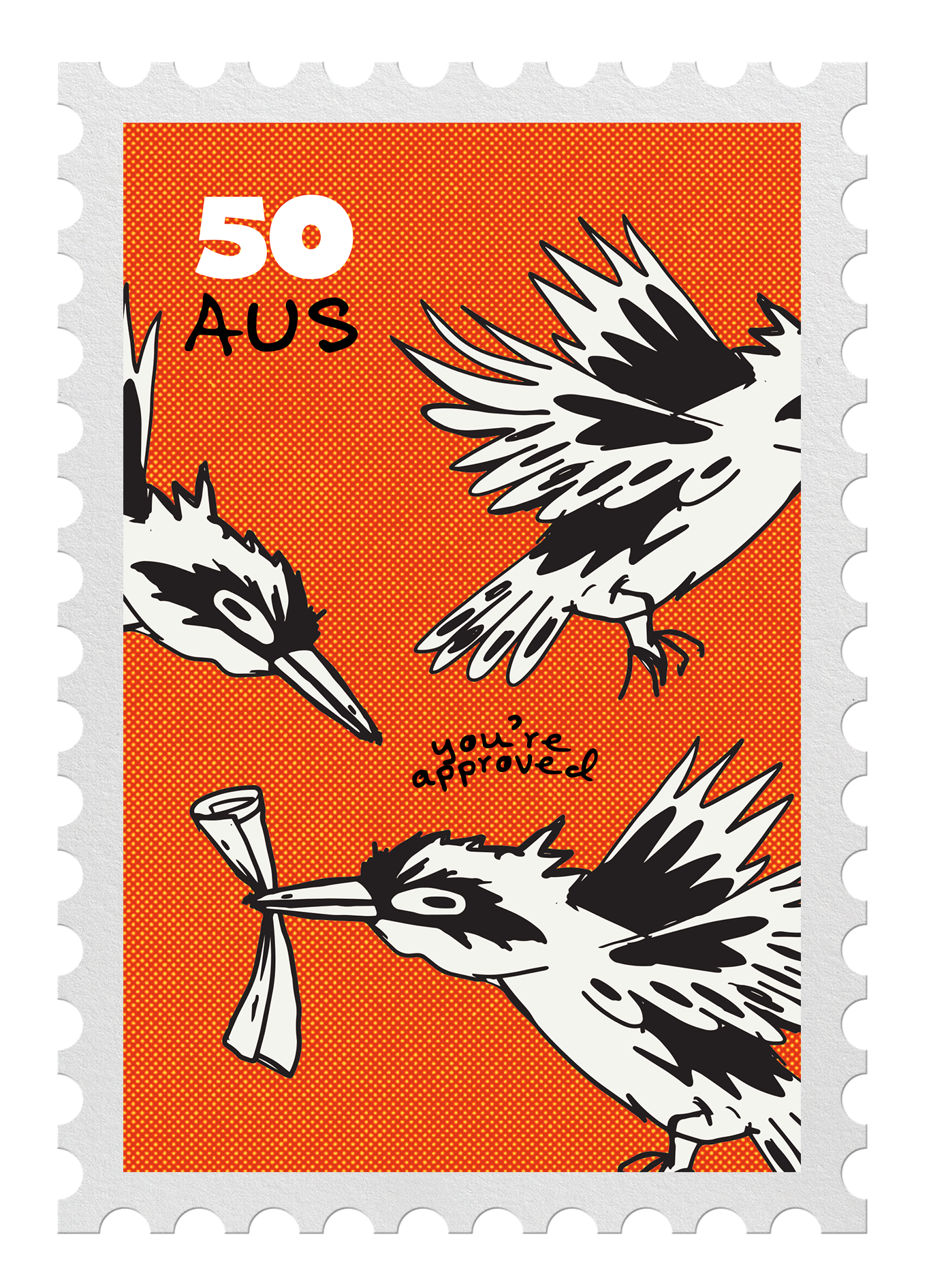 Postage stamp with black and white illustrations of birds holding scrolls in their beaks against an orange dotted background, with the printed text '50' and 'AUS'.
