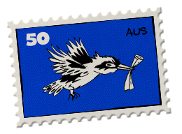 A postage stamp with a bird holding a piece of paper in its beak, blue background, marked 50, and labeled AUS.