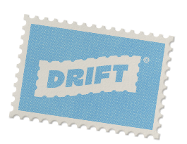 A postage stamp with a light blue background and the word 'DRIFT' written in white capital letters.