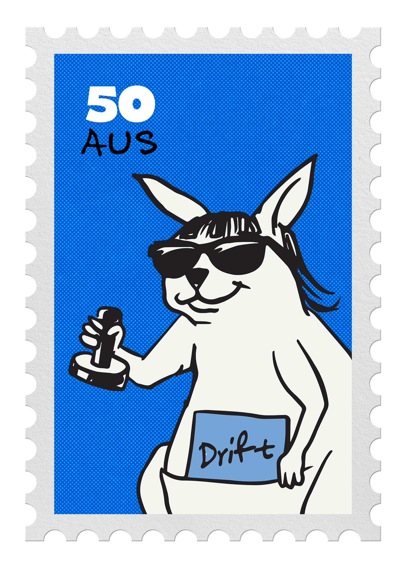 A colorful postage stamp featuring a cartoon llama wearing sunglasses, holding a microphone, and standing behind a box labeled 'Drift' against a blue dotted background. The stamp indicates a denomination of 50 Australian cents.