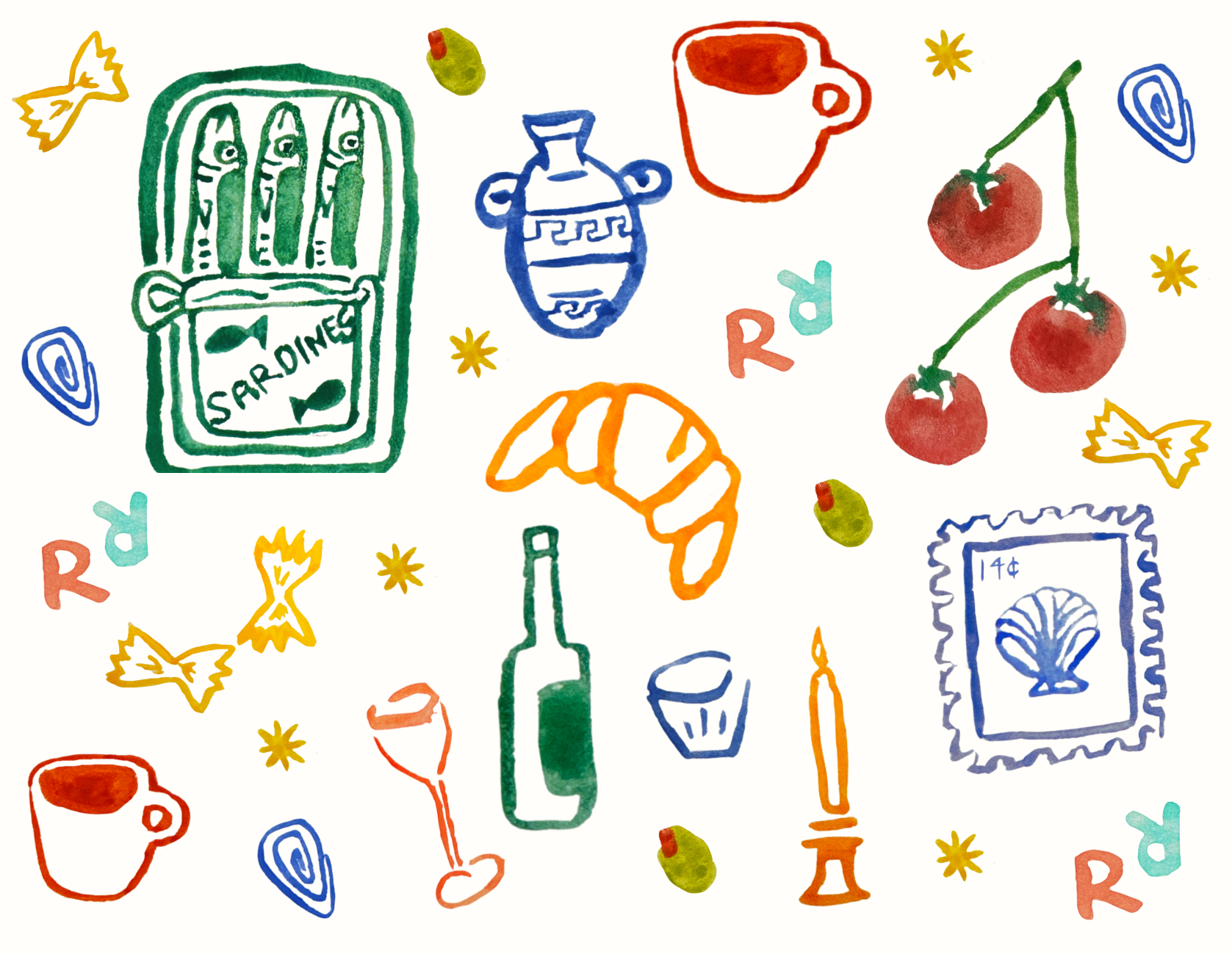 custom stationery painted for a travel agent client featuring a coffee cup, sardines, pasta, and more travel inspired art.