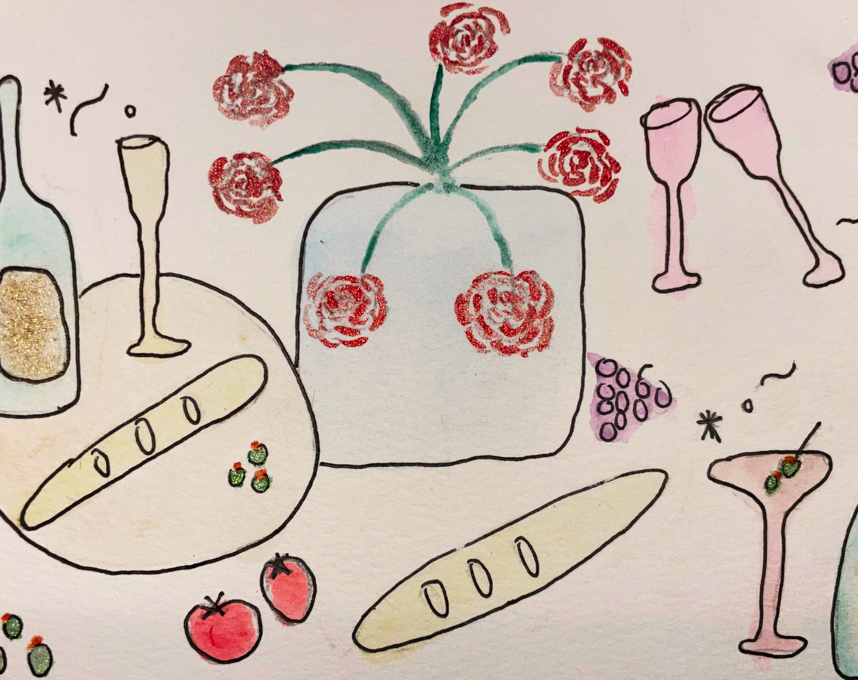 hand-painted watercolor card with a girl dinner of tomatoes, bread, olives, grapes, and wine