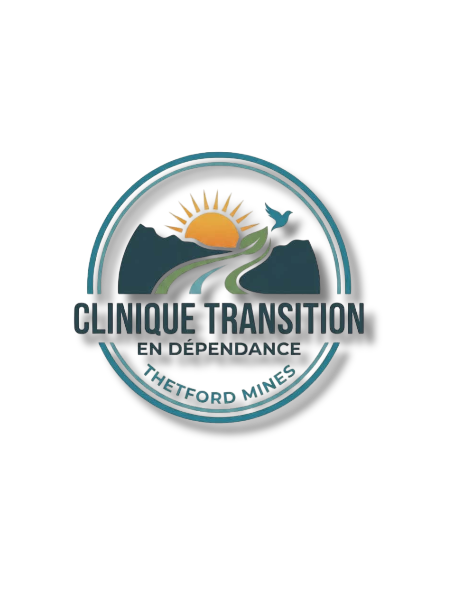 Logo d'une clinique de transition en dépendance à Thetford Mines, avec une montagne, un soleil, une route et un oiseau.