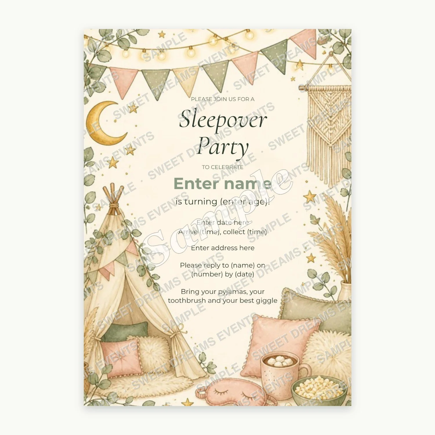 Editable Sleepover Invitation, Boho Chic
