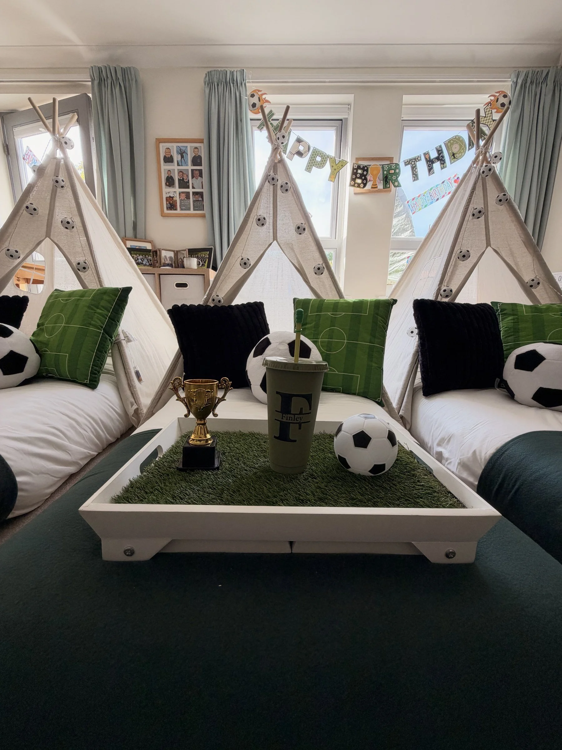 Football teepee sleepover party hire in Winchester with pitch cushions, grass trays and a personalised cup