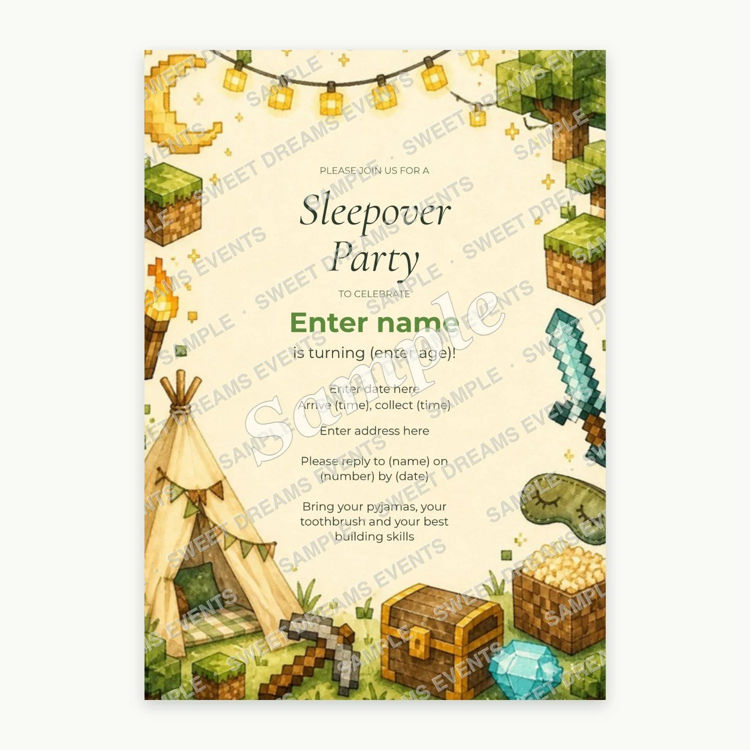 Editable Sleepover Invitation, Minecraft