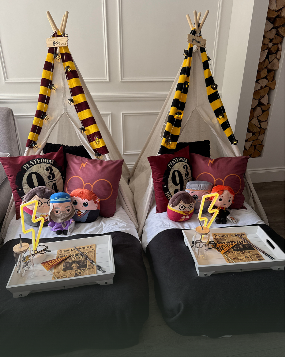 Wizarding Academy themed sleepover tray styled with a wand, round glasses, Daily Prophet newspaper and a Gryffindor pennant beside a personalised Beau cup, part of a luxury teepee sleepover hire setup.