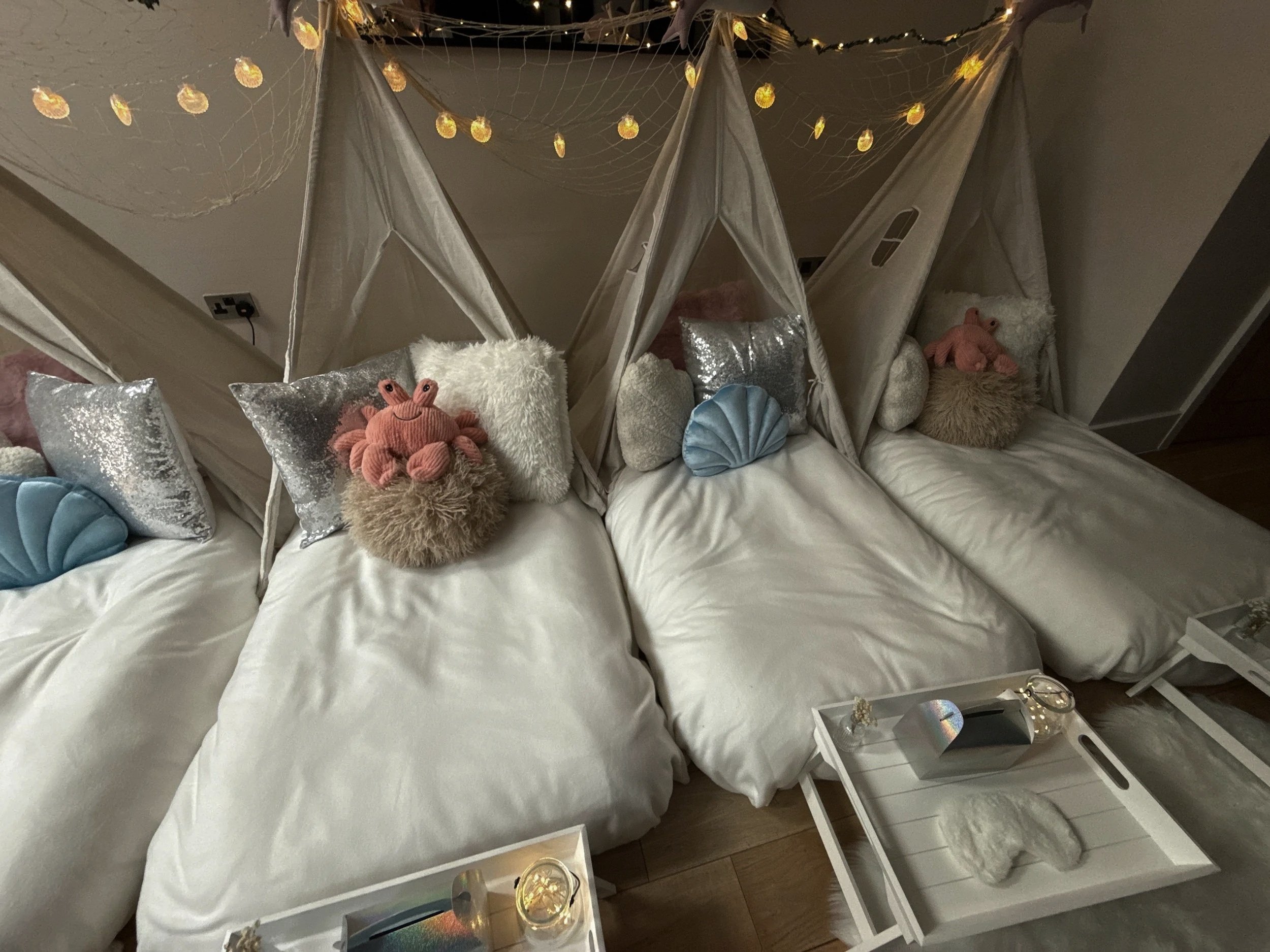 A cozy bedroom featuring a bed with multiple decorative pillows, including plush and sequined ones, and a canopy made of sheer fabric with string lights. The room has a soft, warm ambiance with a nightstand and minimal decor.