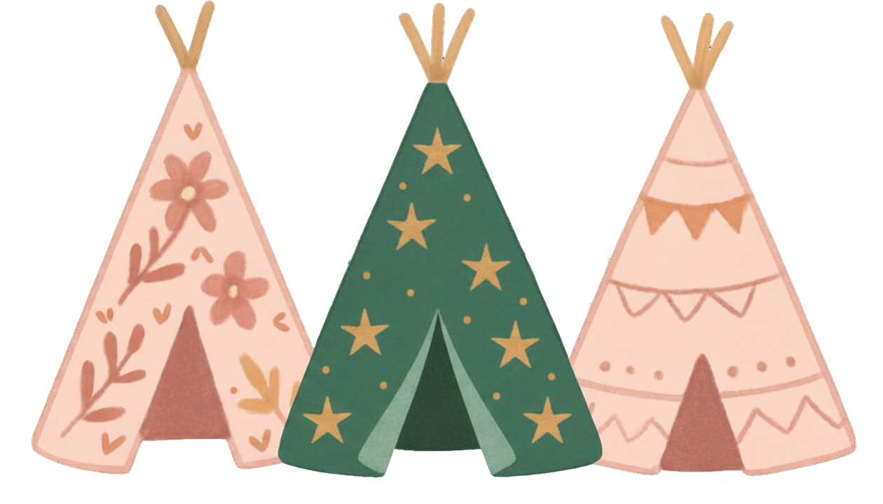 Three illustrated decorated teepees representing Sweet Dreams Events themed children's sleepover party hire across Sussex Surrey and Hampshire