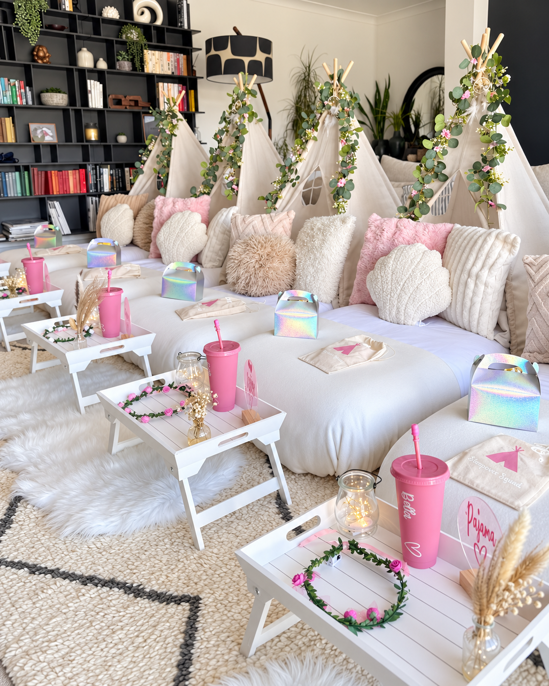 Luxury girls teepee sleepover party styled in pink and cream with flower topped teepees, Surrey