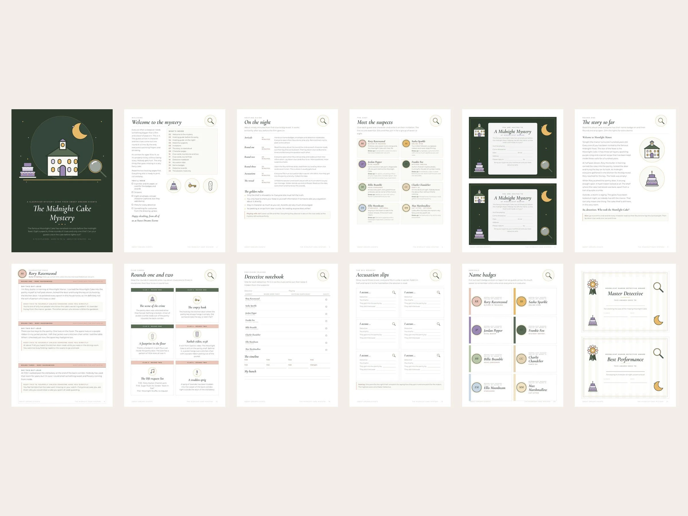 Pages from a printable sleepover mystery game including character pages, clue cards, invitations and name badgesmidnight-cake-mystery-whats-inside-v2.jpg