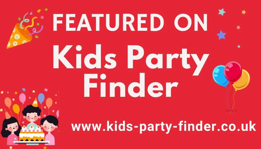 Kids Party Finder logo with text highlighting the website kids-party-finder.co.uk.