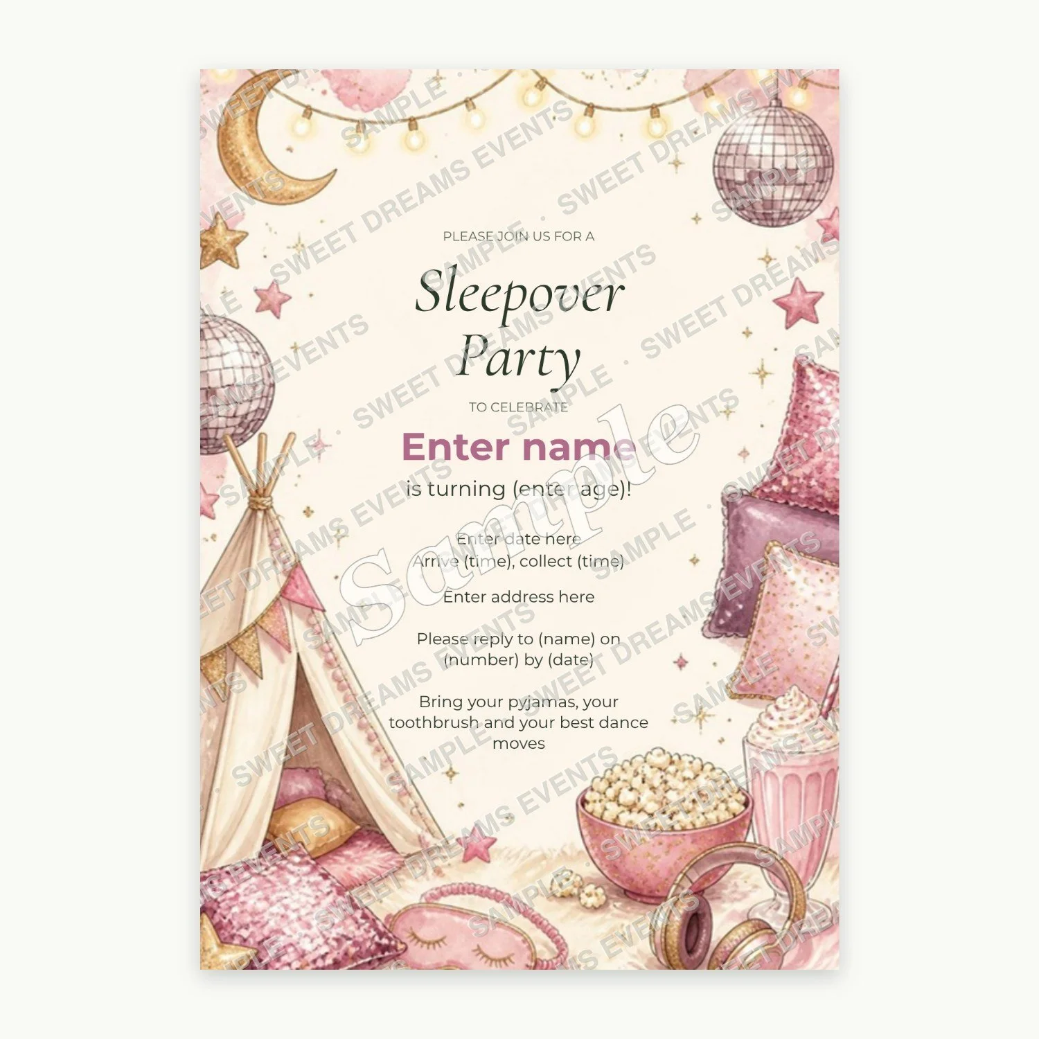 Editable Sleepover Invitation, Glitterball Disco Dreams