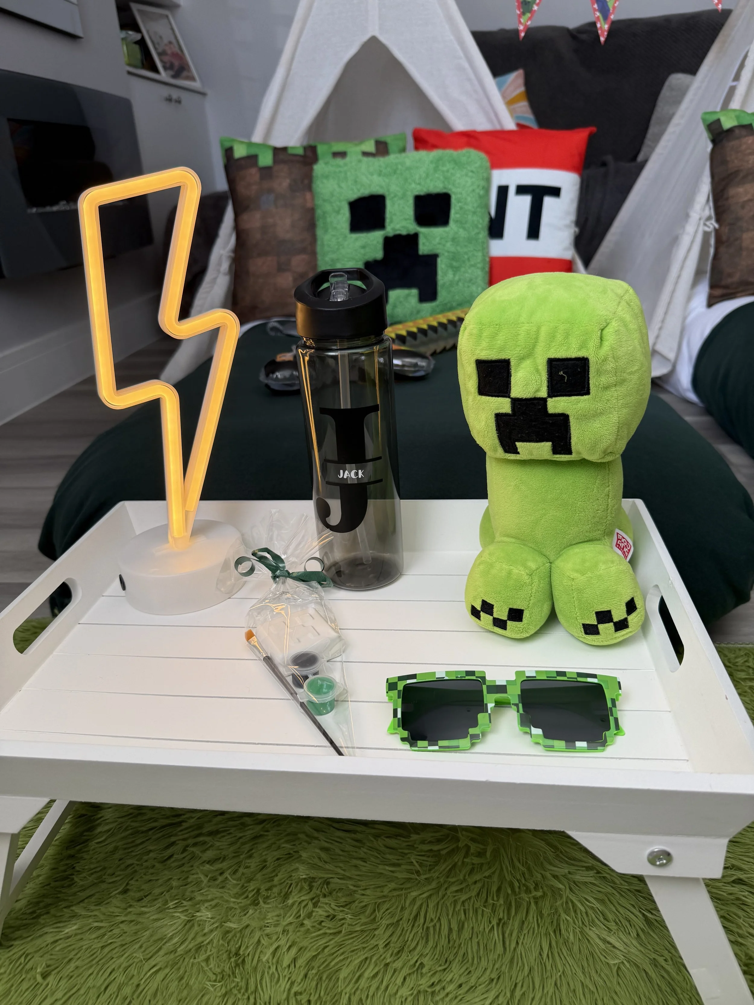 Minecraft sleepover breakfast tray with a personalised water bottle, Creeper plush and pixel sunglasses in Surrey
