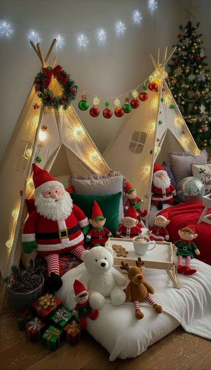 Christmas scene with two white teepees decorated with string lights and ornaments, surrounded by Christmas plush toys including Santa, elves, a teddy bear, and a reindeer, along with a decorated Christmas tree in the background.