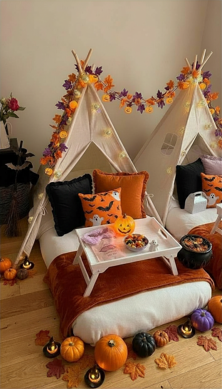 Two cozy indoor tents decorated with orange, purple, and black Halloween-themed pillows, garlands, and string lights. A small white tray with snacks and a pumpkin decoration is in front of each tent. The scene is surrounded by mini pumpkins, candles, and autumn leaves on the floor, creating a festive Halloween setup.
