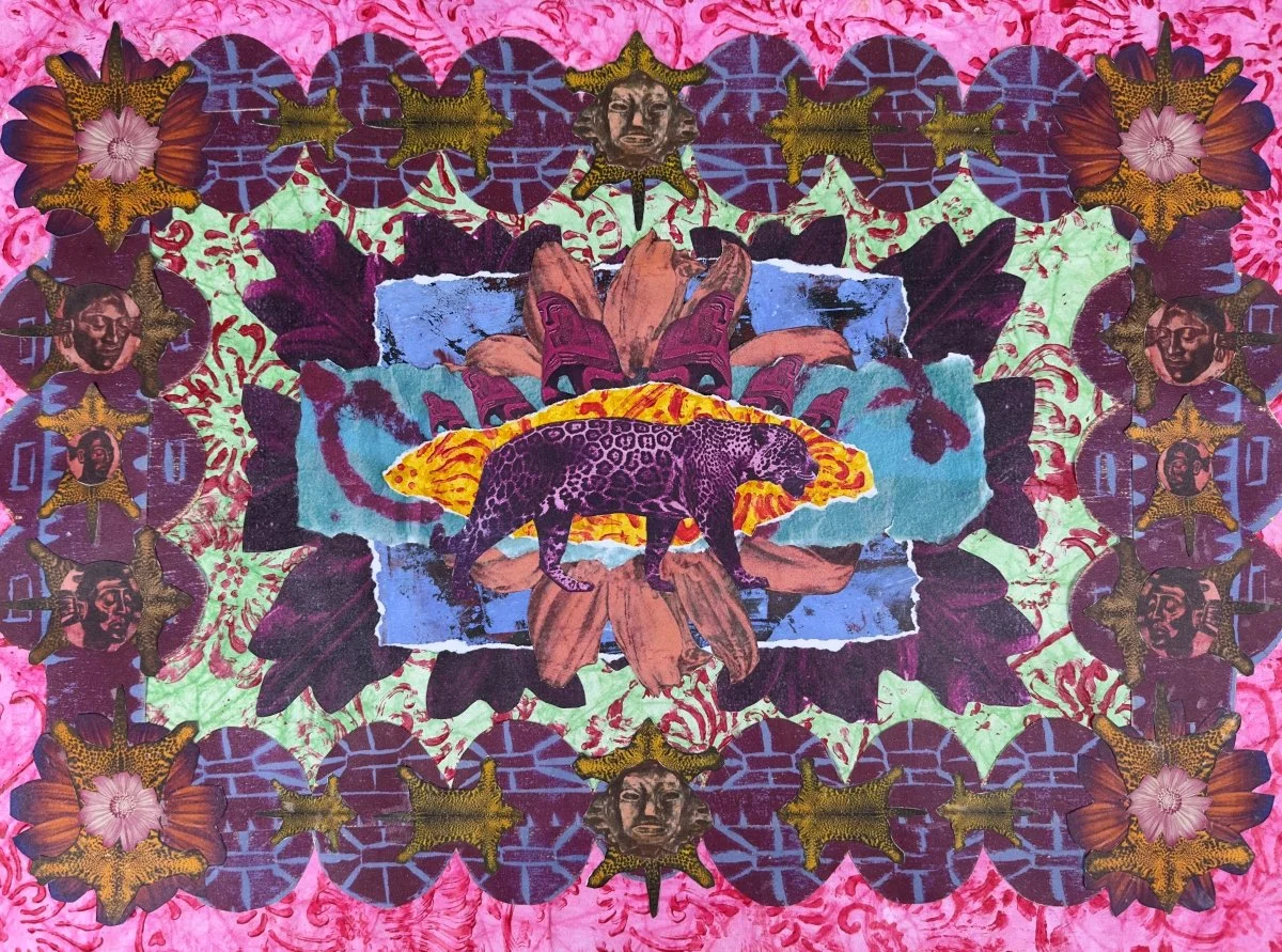 The Mystical Jaguar | 2026 | 18 x 24 in |
paper, acrylic paint, handmade paper, ink, and inkjet print out. | This mixed media collage weaves vibrant color, layered imagery, and repetition into a dreamlike tapestry centered on the powerful figure of t
