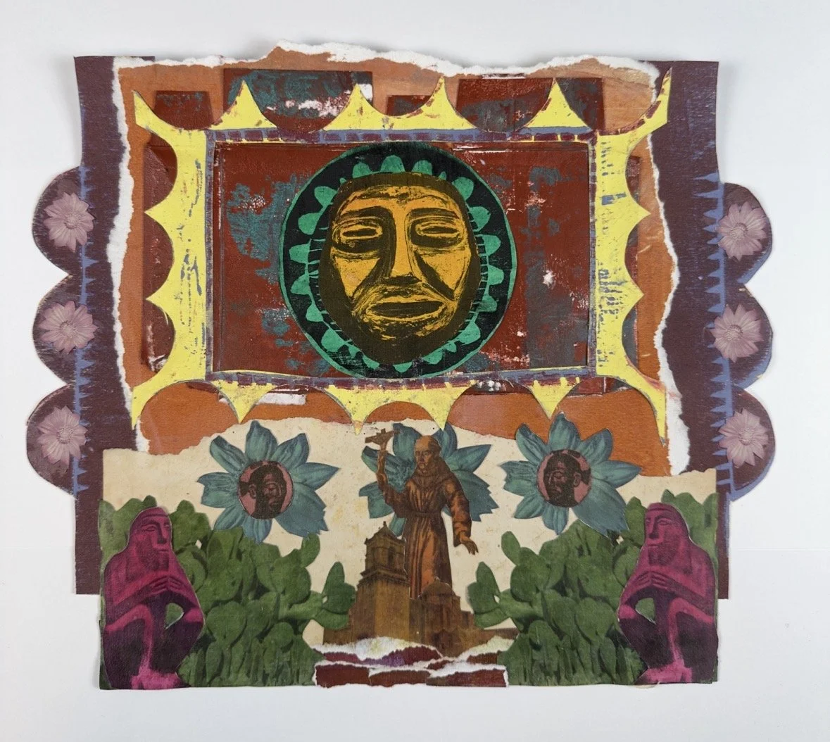 The Conversion, 2026, 10 x 11 in, this mixed collage study depicts Fray Antonio Margil de Jesús who he dedicated his life to evangelizing indigenous populations and built several missions in Texas including Mission San José y San Miguel de Aguayo in 