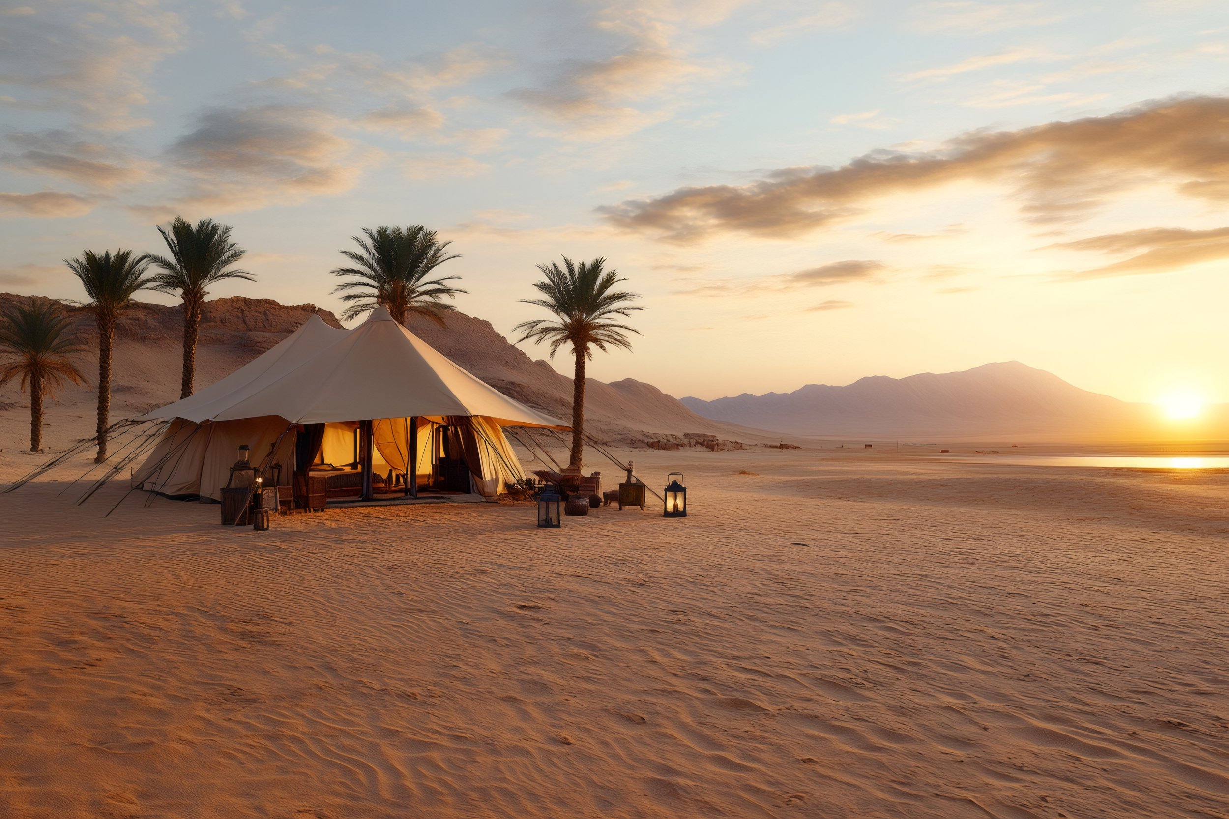 A desert scene at sunset with a large white tent, palm trees, lanterns, and distant mountains.