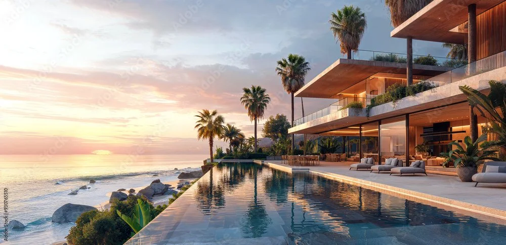 Luxury modern beachfront hotel with an infinity pool, palm trees, ocean view, and outdoor seating during sunset.