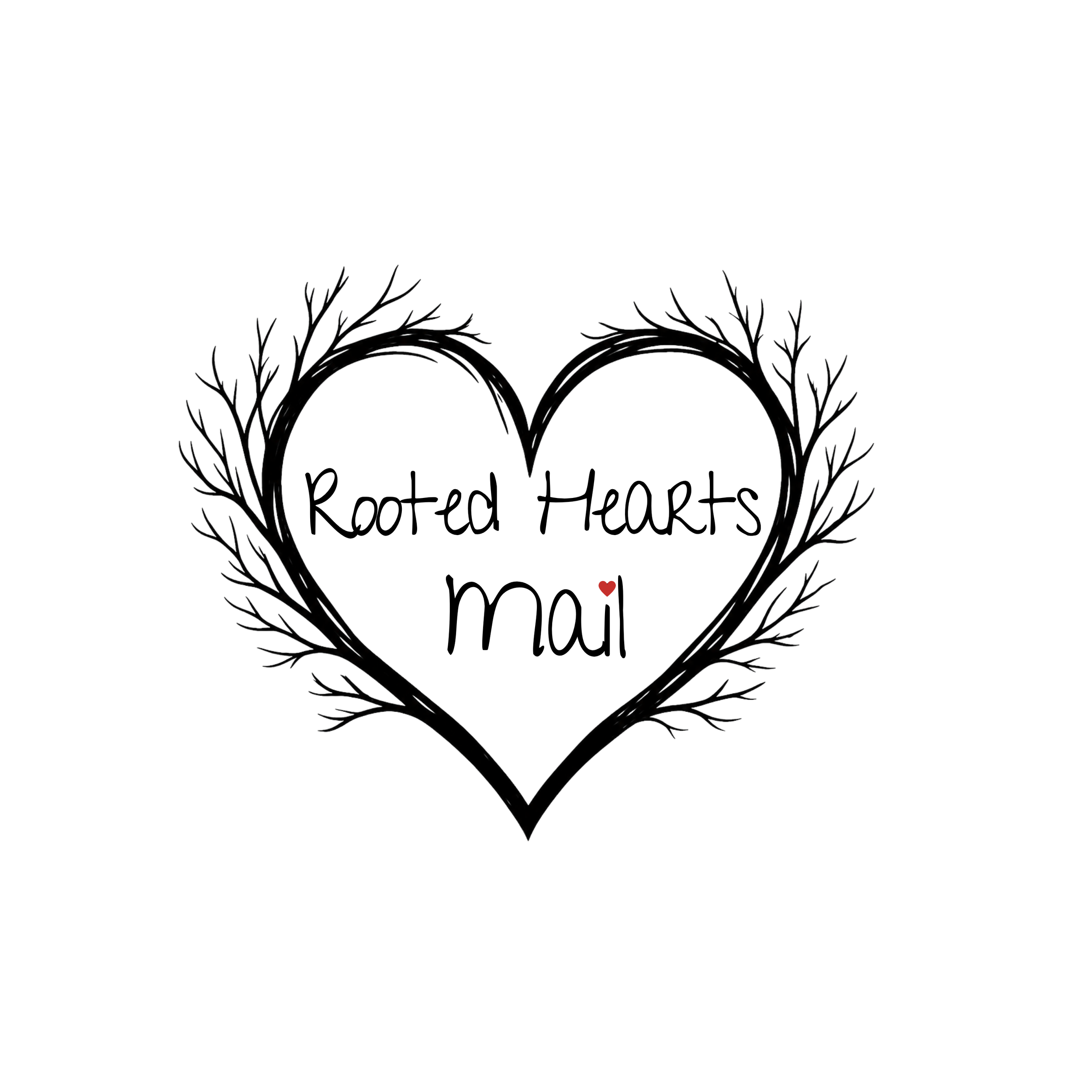A black background with a decorative heart shape made of leafless branches, and a small red heart at the bottom center.