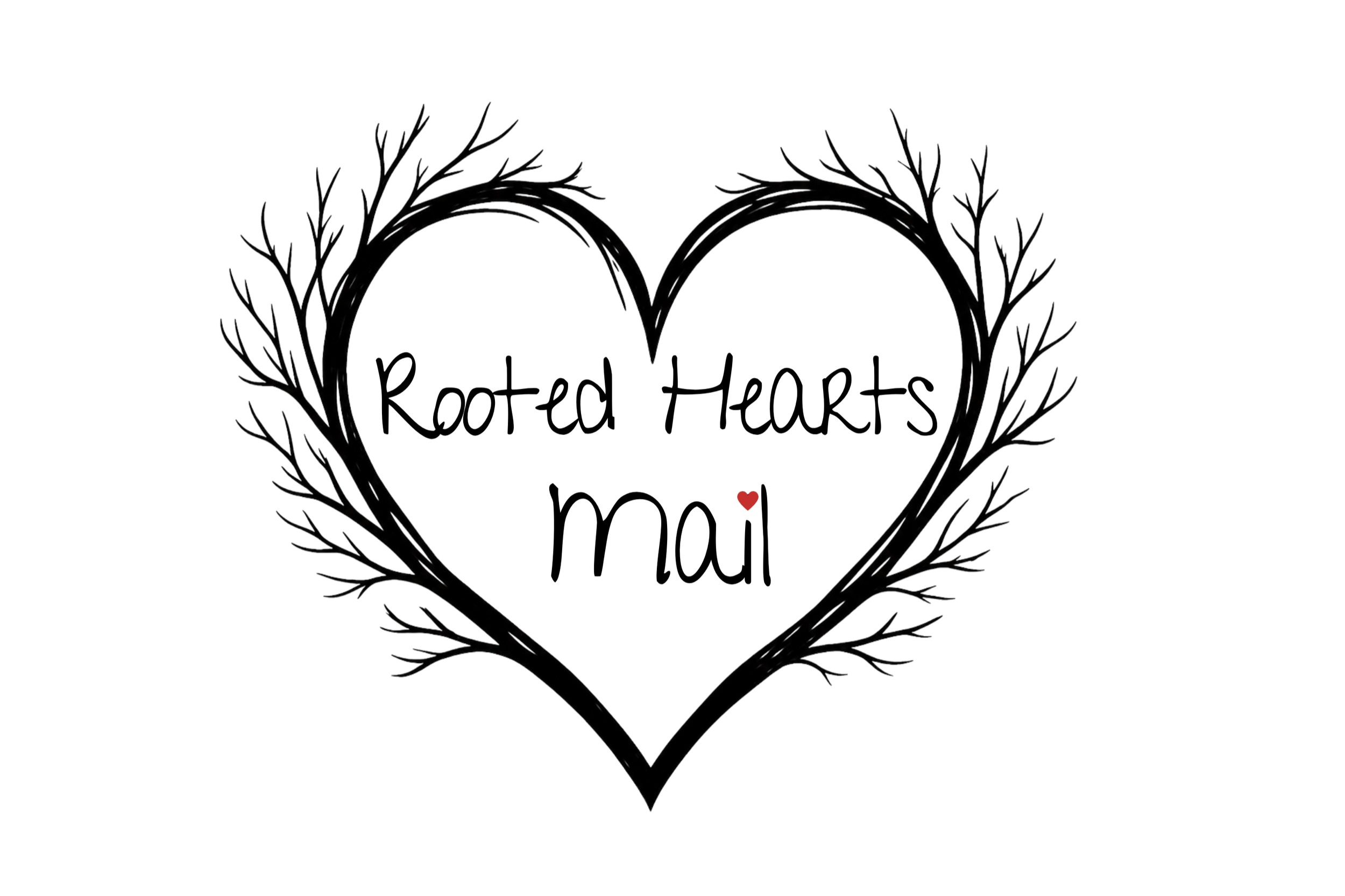 A heart-shaped outline created by intertwined black branches with a small red heart at the bottom center.