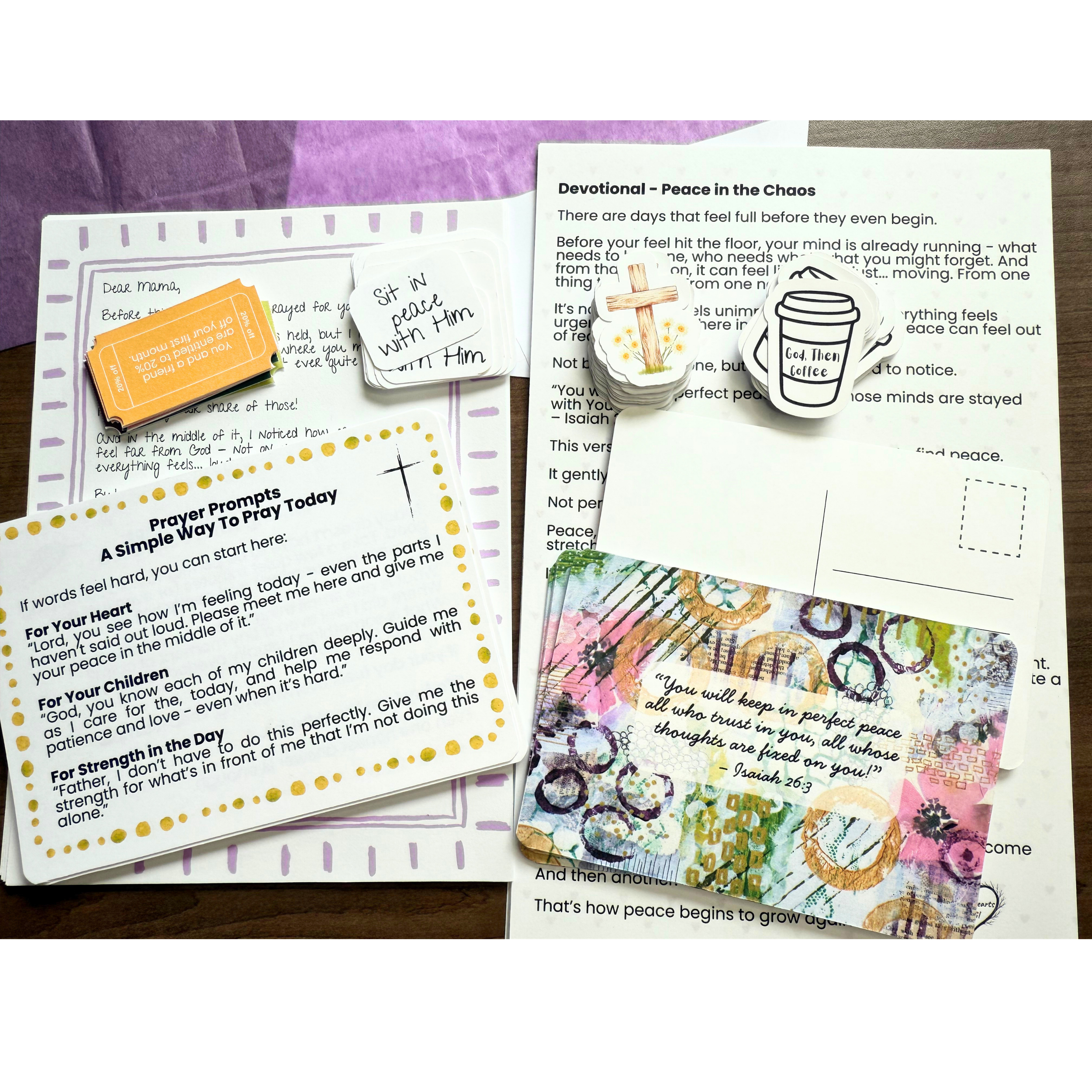 Collection of religious and inspirational paper notes and bookmarks, including Bible verses, prayer prompts, and images of a cross and a coffee cup.