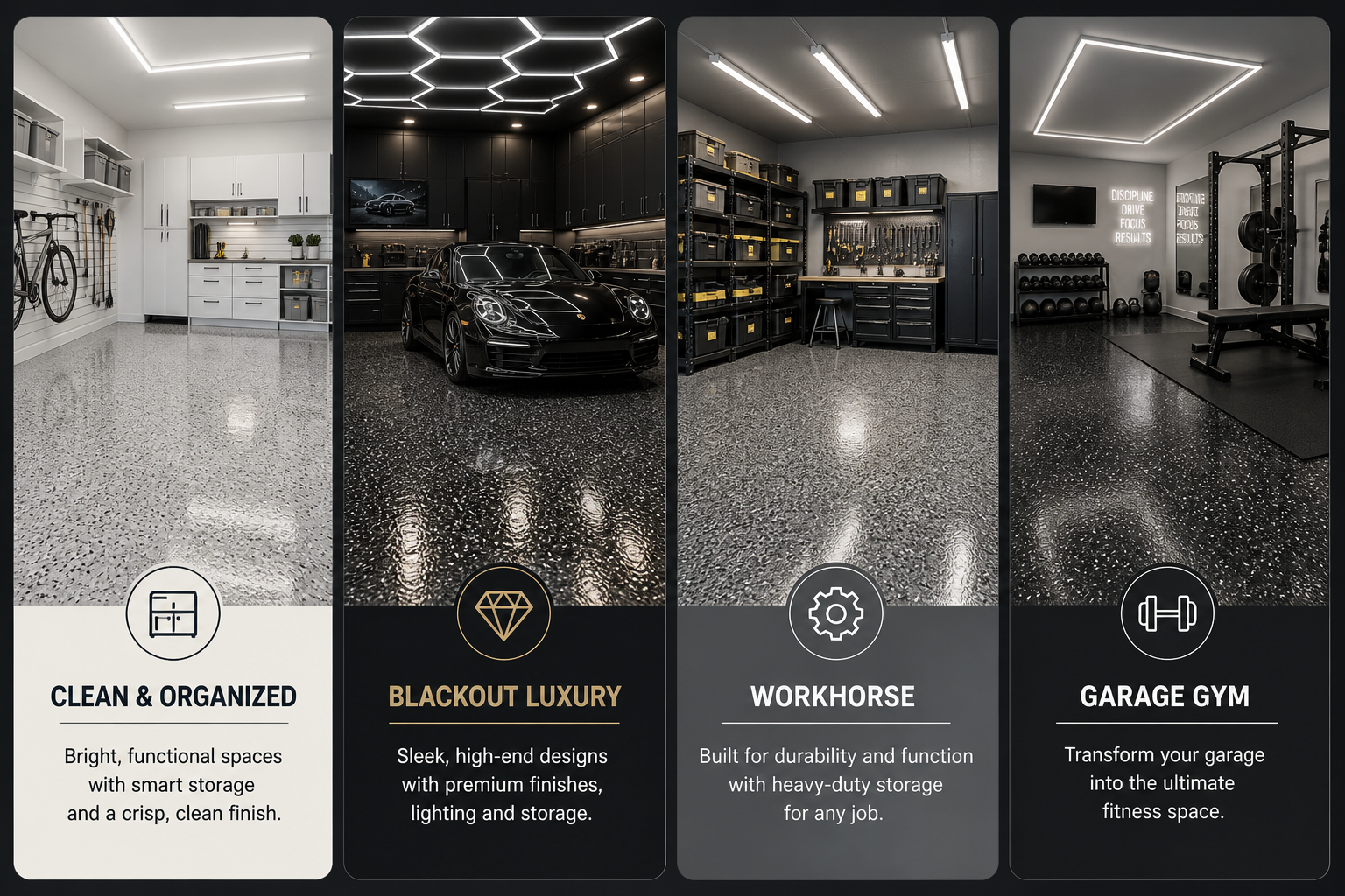 A collage of four images showcasing organized garage spaces with different themes: clean and organized, blackout luxury, workhorse, and garage gym.