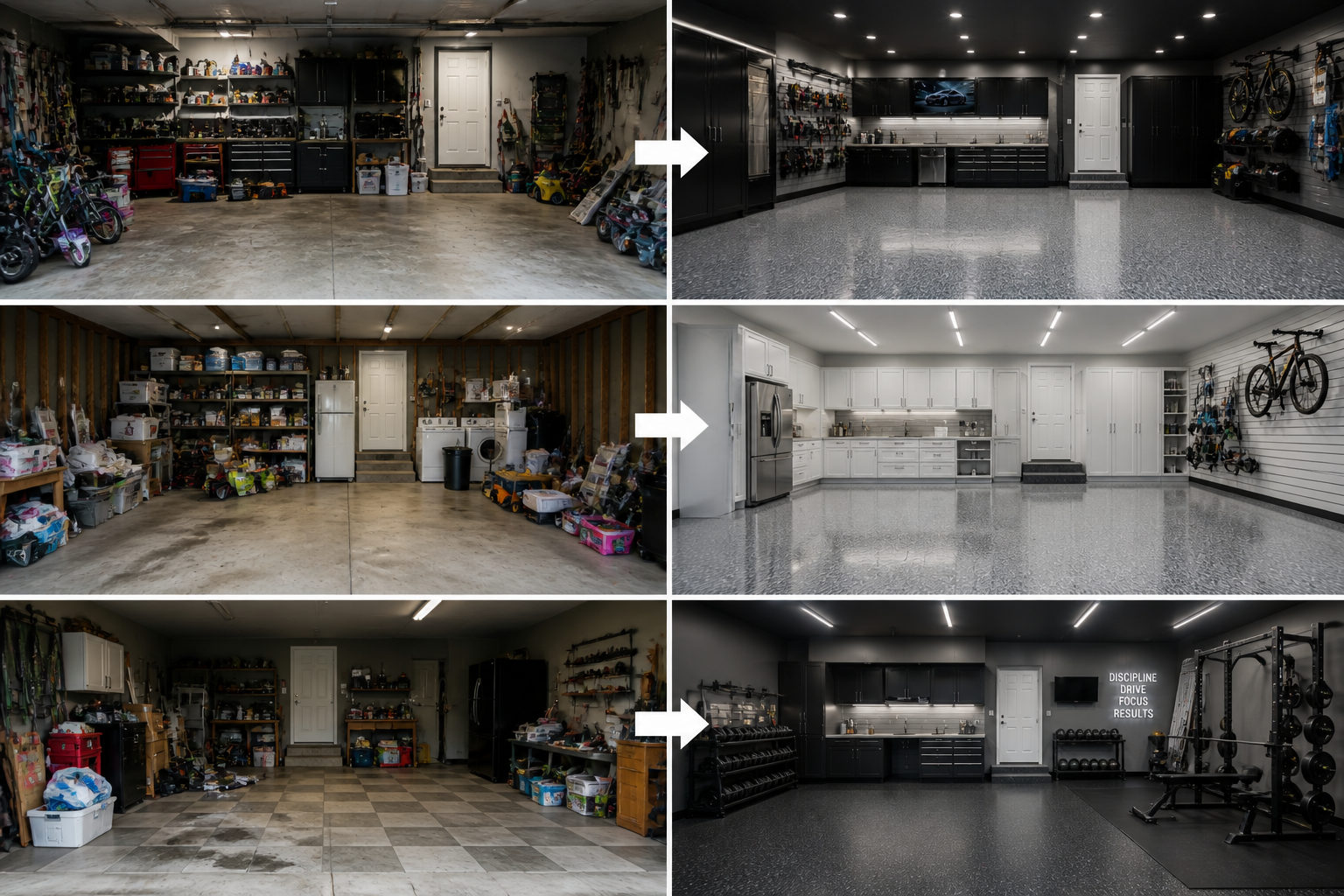 Comparison of three garages, each transformed from cluttered, disorganized spaces into clean, organized, and modern areas with storage, polished floors, organized equipment, and luxury finishes.
