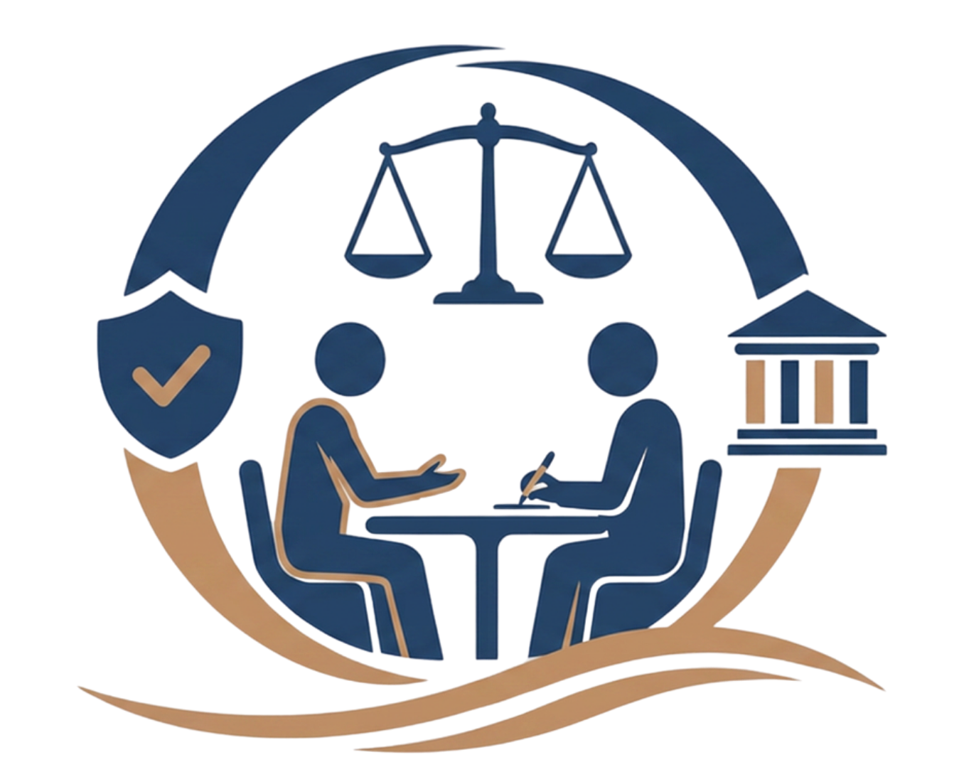 Illustration of two people sitting at a table engaging in a discussion, with scales of justice and a courthouse in the background, and a shield with a checkmark, symbolizing law and legal protection.