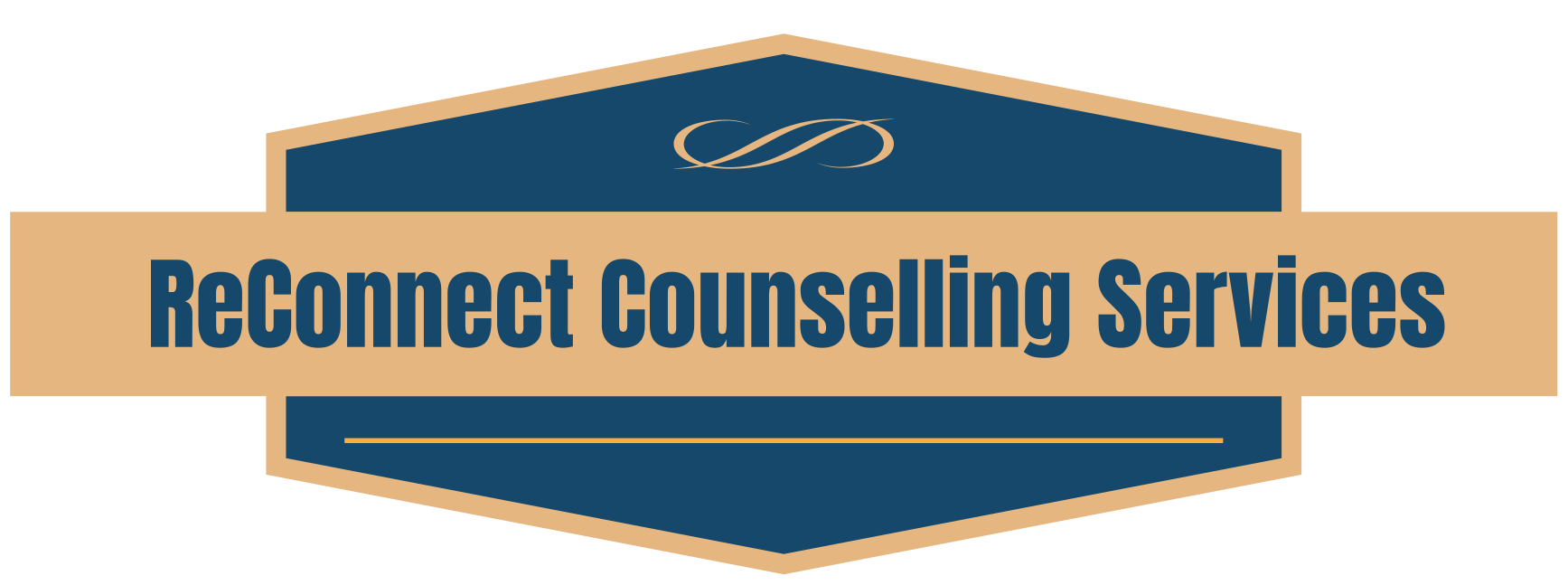 Logo for ReConnect Counseling Services featuring a beige and dark blue color scheme and a decorative swirl graphic above the text.