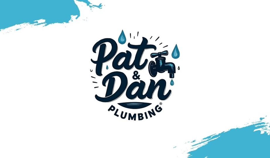 Logo for Pat & Dan Plumbing featuring a water faucet and water droplets with blue and white background.