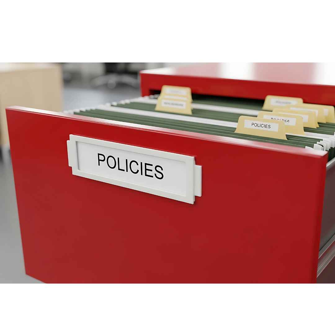 Red filing cabinet labeled 'POLICIES' with several folders inside, some labeled 'POLICIES'.