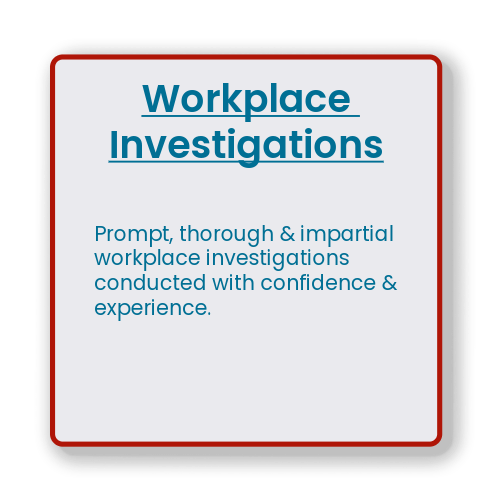 A presentation slide titled 'Workplace Investigations' with a red border and text about conducting confident and thorough investigations with experience.