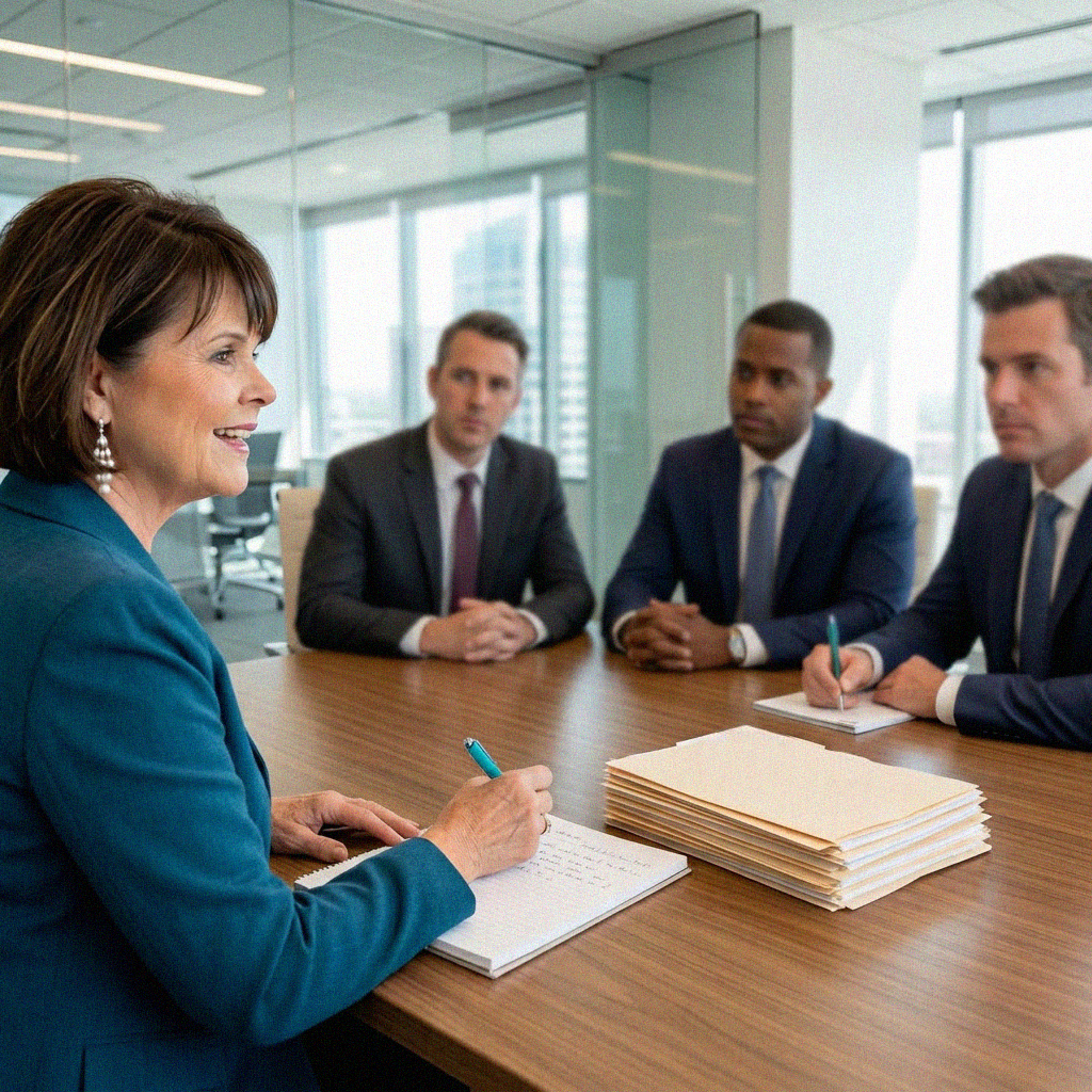 woman consulting with table of business men in a conference room, with folders on the table, taking notes.