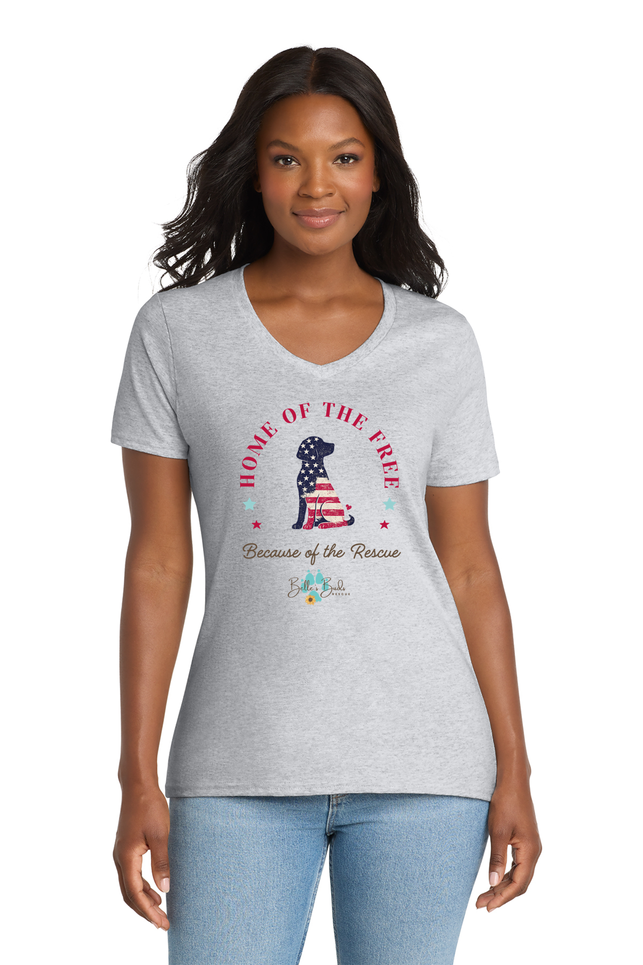 Ladies V-neck Red, White, & Rescued Dog Design