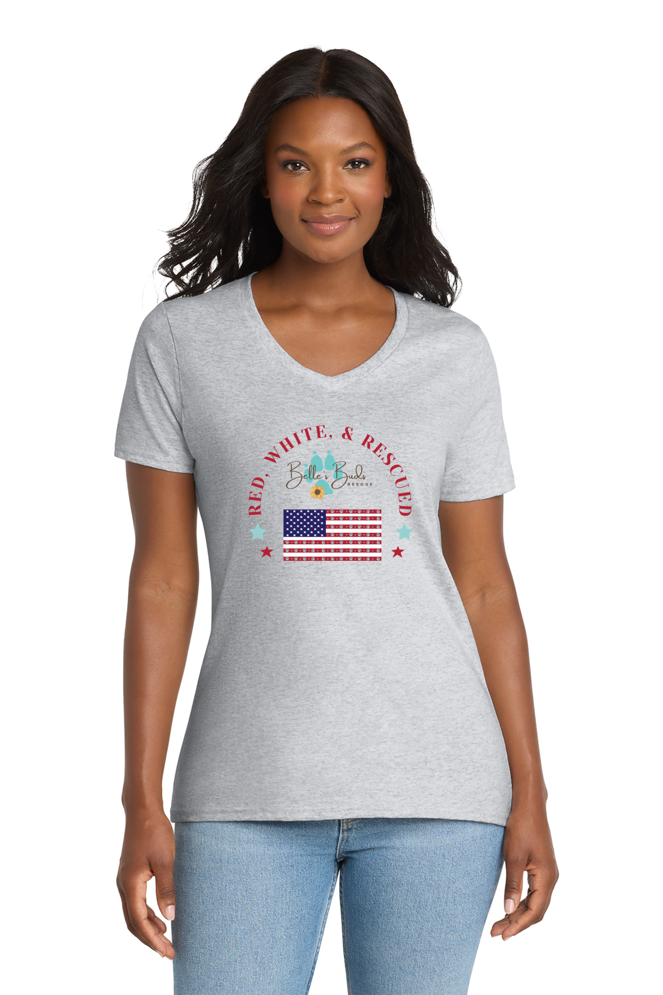 Ladies V-neck Red, White, & Rescued Circle Design