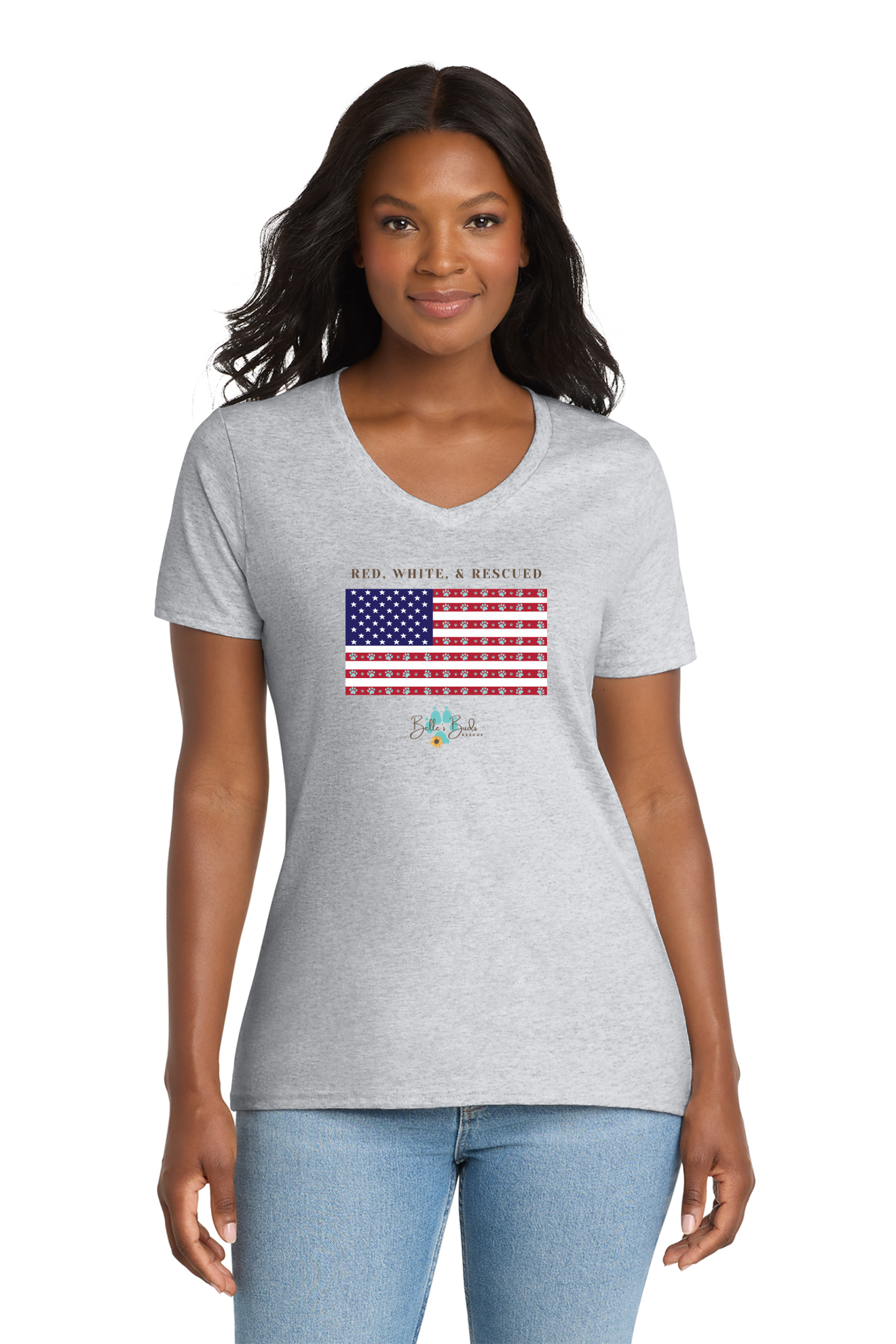 Ladies V-neck Red, White, & Rescued Flag Design