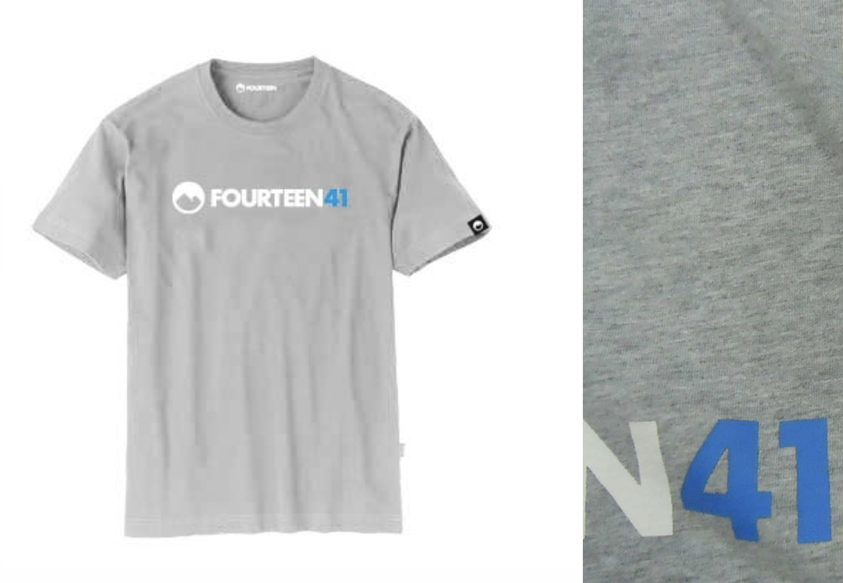 Gray T-shirt with the text 'FOURTEEN 41' and a mountain logo on the front, and a small logo on the sleeve, shown in front view.
