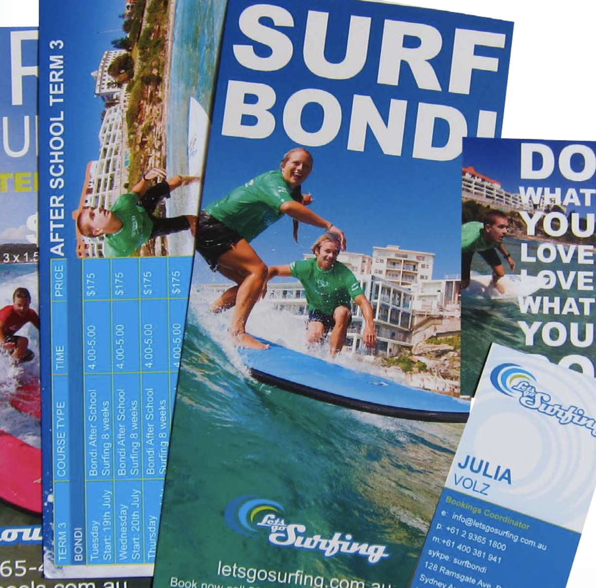 Flyers from LetsGoSurfing promoting surf lessons, showing a woman and a boy surfing near a beach with buildings in the background. The flyers include contact details and pricing.