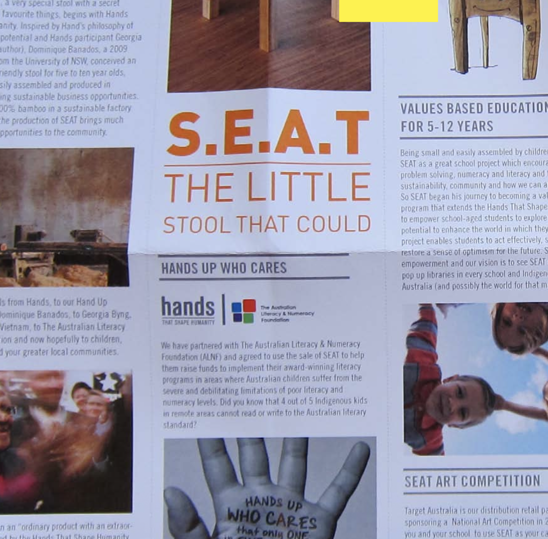 Flyer about S.E.A.T program for children, featuring images of children's furniture and children engaging in activities.