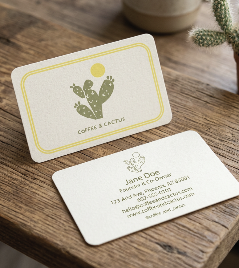 Business cards for a coffee shop called 'Coffee & Cactus,' featuring a cactus illustration and contact details, placed on a wooden surface near a potted cactus.